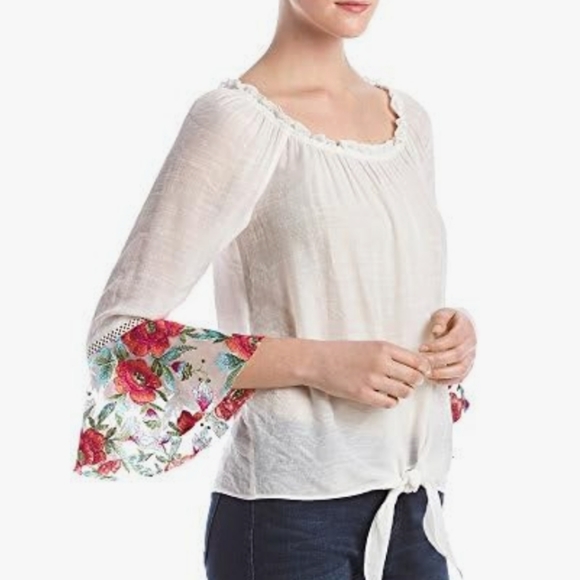 A. Byer Peasant Top with Floral Embroidered Bell Sleeves - Picture 2 of 13